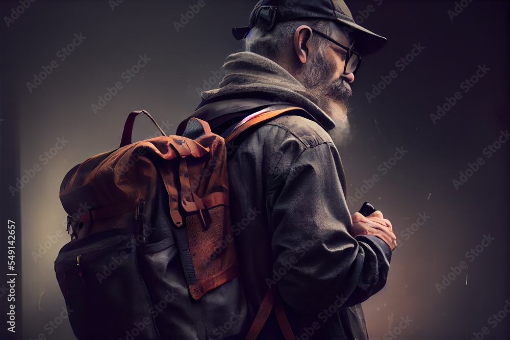 man with backpack ready for, a person wearing a hat and a backpack looking at the phone, illustration with flash photography