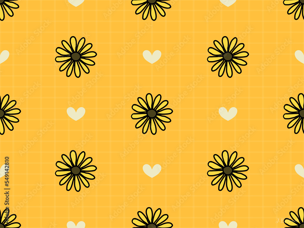 Flower cartoon character seamless pattern on yellow background