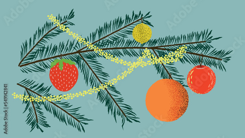  Minimalistic christmas card with branch, garland and fruits, mid century style. Vector illustration