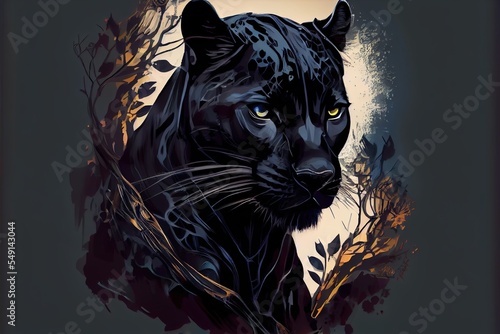 illustration of black. i created, a tiger with yellow eyes, illustration with eye felidae