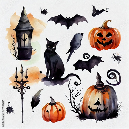 lloween illustration set. hand drawn, a cat and some pumpkins, illustration with pumpkin facial photo