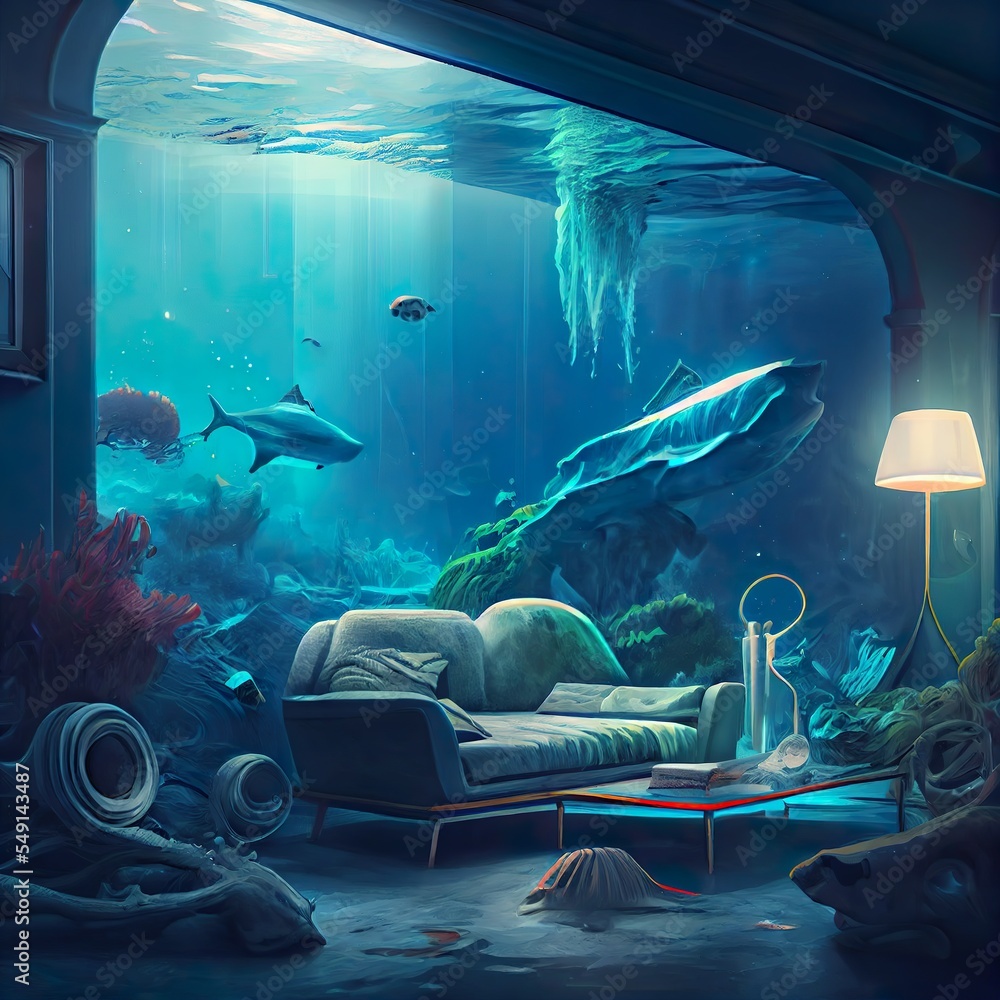 futuristic space underwater living room, a room with a fish tank and