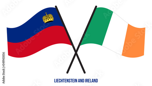 Liechtenstein and Ireland Flags Crossed And Waving Flat Style. Official Proportion. Correct Colors.