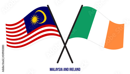 Malaysia and Ireland Flags Crossed And Waving Flat Style. Official Proportion. Correct Colors.