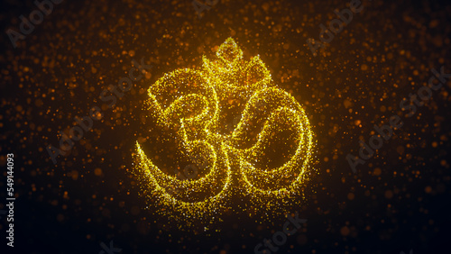 Abstract Religious Golden Brown Yellow Shine Glitter Sparkle Hinduism Omkara Devanagari Symbol Lines With Sparkle Glitter Particles Falling photo