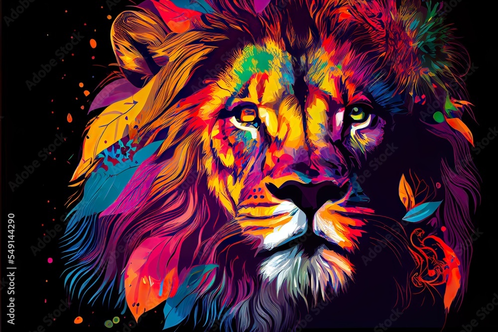 colorful lion pop art portrai, a person with colorful hair, illustration with vertebrate carnivore