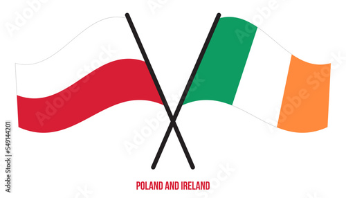 Poland and Ireland Flags Crossed And Waving Flat Style. Official Proportion. Correct Colors.