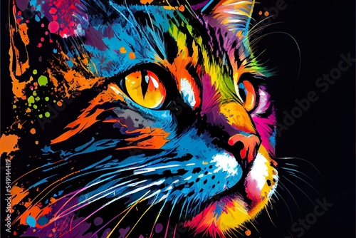 colorful cat pop art portrai, a colorful fish with black background, illustration with eye felidae