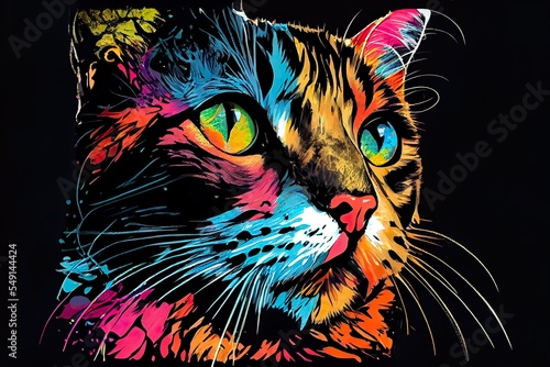 colorful cat pop art portrai, a colorful cat with a black background, illustration with cat felidae
