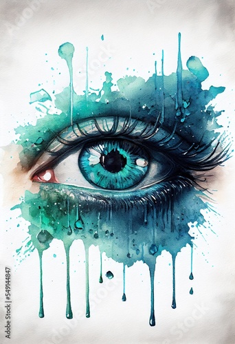 blue and turquoise watercolor crying, a close up of a person's eye, illustration with colorfulness eyebrow