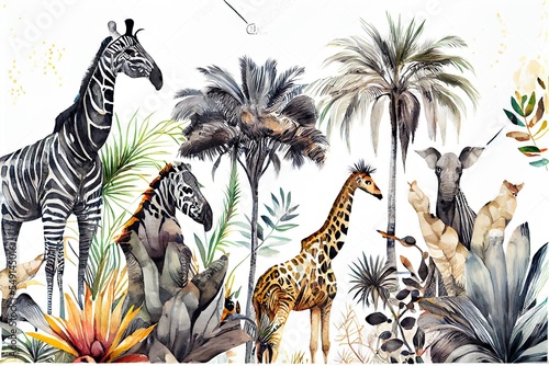beautiful tropical horizontal seamless pattern, a group of zebras in a display, illustration with plant white © EricSchumid
