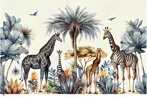 beautiful tropical horizontal seamless pattern, a group of giraffes in a museum, illustration with plant community