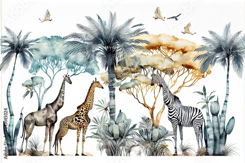 beautiful tropical horizontal seamless pattern, a drawing of giraffes and birds, illustration with plant ecoregion