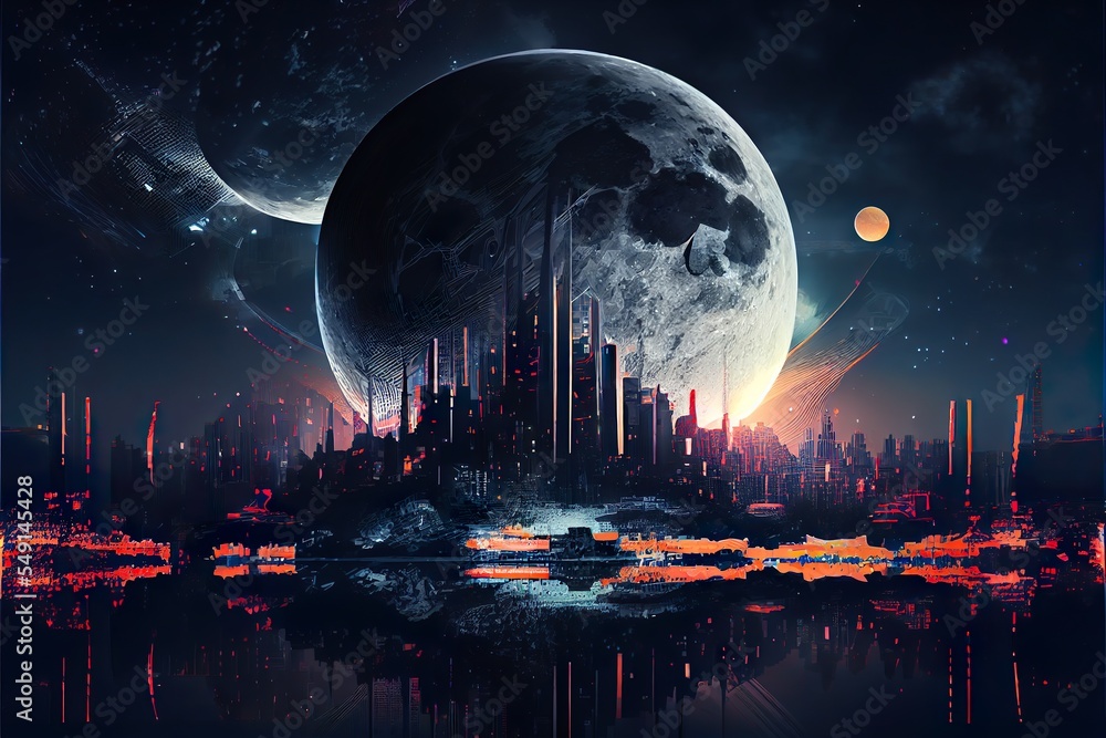 Fototapeta premium i - generated digital futuristic, a planet in space with a city in the background, illustration with atmosphere sky