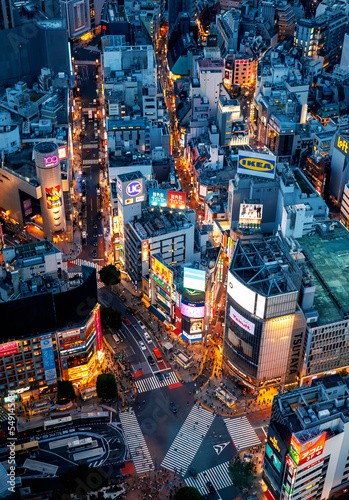 Принти на полотні Aerial View of Shibuya scramble interesection in Tokyo, Japan at sunset