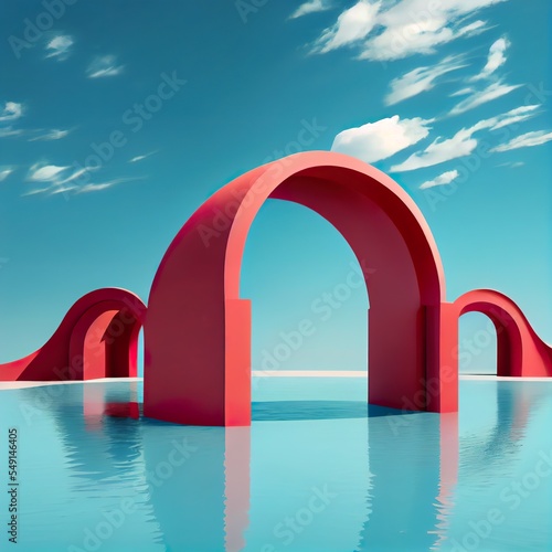 3d render. abstract panoramic background, a red bridge over water, illustration with water cloud © EricSchumid