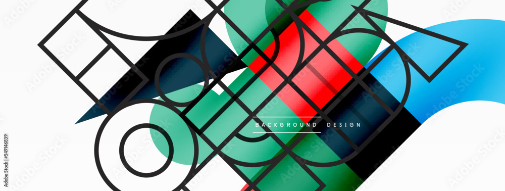 Circle and square geometric background. Round shapes with squares and triangles composition for wallpaper, banner, background or landing Circle and square geometric background. Round shapes with squares and triangles composition for wallpaper, banner, background or landing