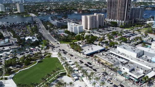 Aerial drone view Las Olas Boulevard and A1A Fort Lauderdale Florida - Las Olas Marina towards the New River