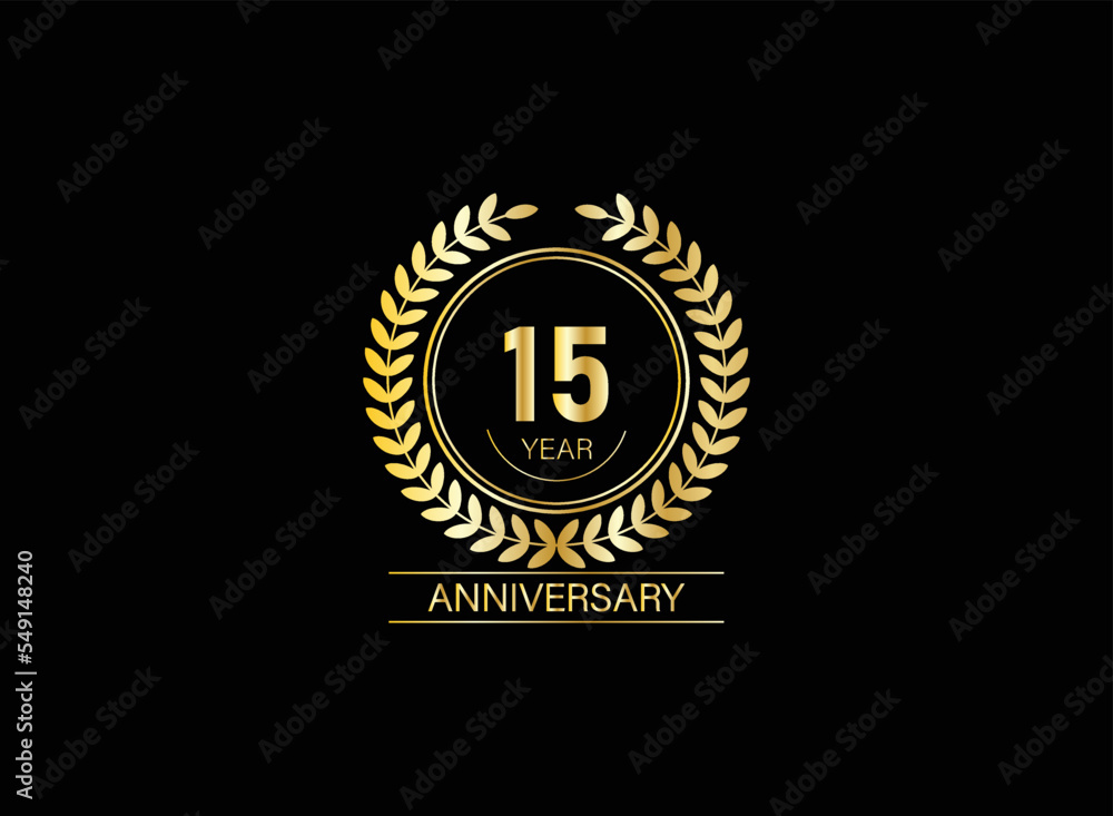 Naklejka premium 15 years anniversary logo. Vector and illustration. gold anniversary logo.