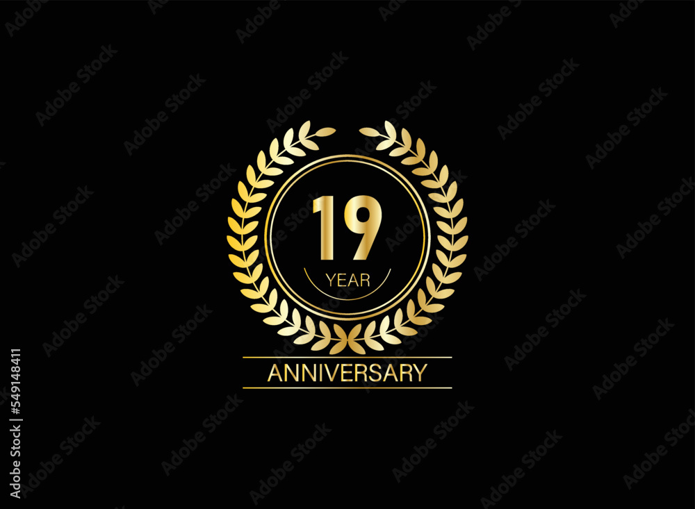 19 years anniversary logo. Vector and illustration. gold anniversary logo.