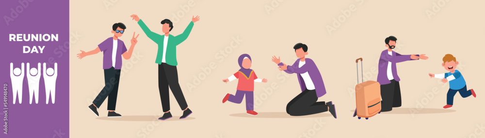 full color image showing a person meeting his family after a long absence from home. reunion, family, friends. full color image showing a person meeting his family after a long absence from home. reunion, family, friends.