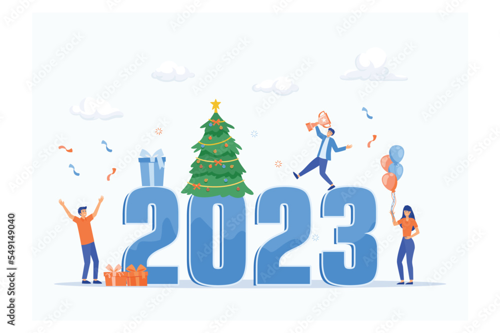 2023 banner template. Business people celebrate new year concept. Isolated on white, flat vector modern illustration