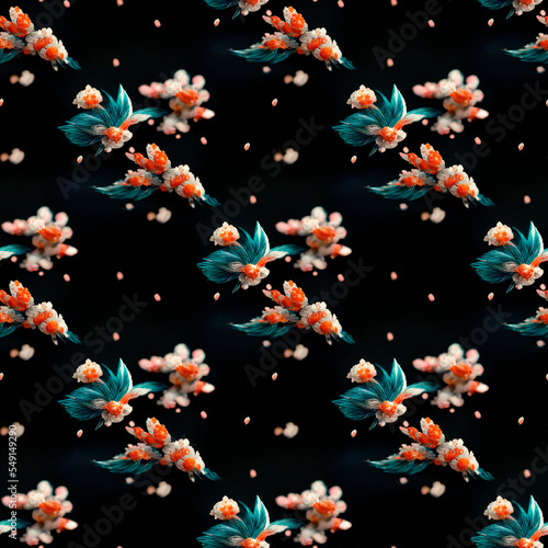 Orange and teal and cream color abstract flower patterns created by Generative AI technology