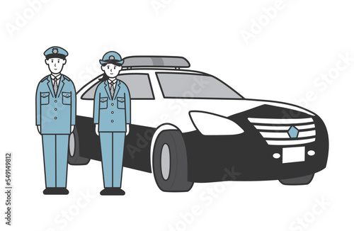 パトカーの前に立つ警察官男女の全身イラスト