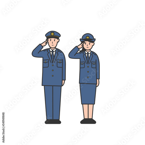 敬礼する警察官男女全身イラスト2