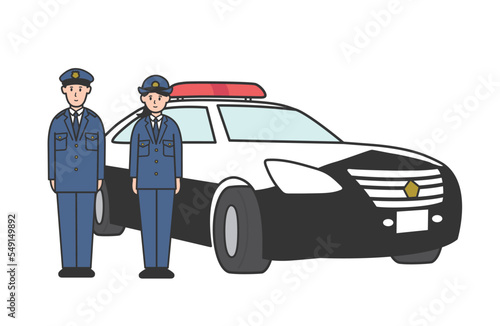 パトカーの前に立つ警察官男女の全身イラスト