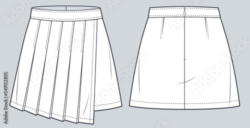  Pleated mini Skirt technical fashion illustration. Asymmetric  Skirt fashion flat drawing template, zip up, front and back view, white, women CAD mockup.