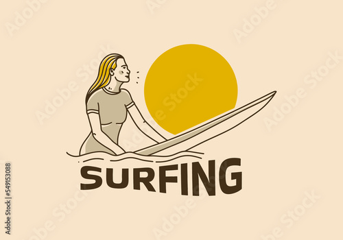 Vintage art illustration of a woman sitting on a surfboard