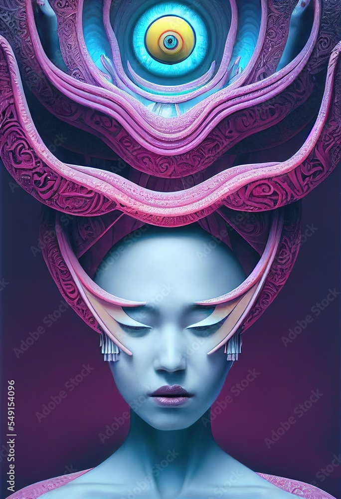 ultra bright colorful trippy gorgeous beautiful surreal futuristic sci-fi Baroque female Goddess, beautiful trippy detailed eyes, trippy surreal portrait