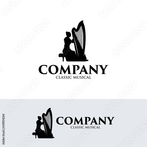 Orchestra logo - Silhouette of woman playing harp logo design