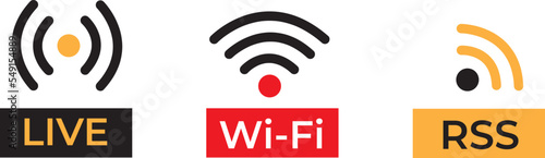 Icon set for Live, Wi-Fi and RSS. Vector.