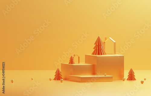 Gold edged podium and golden yellow christmas tree with edge elegant christmas and new year on golden yellow background. photo