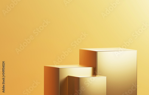 ​Square gold podium base luxury on abstract gold background. Product display and advertising space