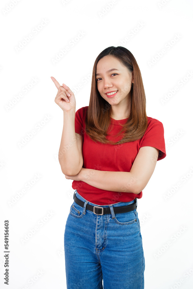 Hand pointing, Pretty Asian people wearing red t-shirt for a woman isolated on white background. Hand pointing, Pretty Asian people wearing red t-shirt for a woman isolated on white background.