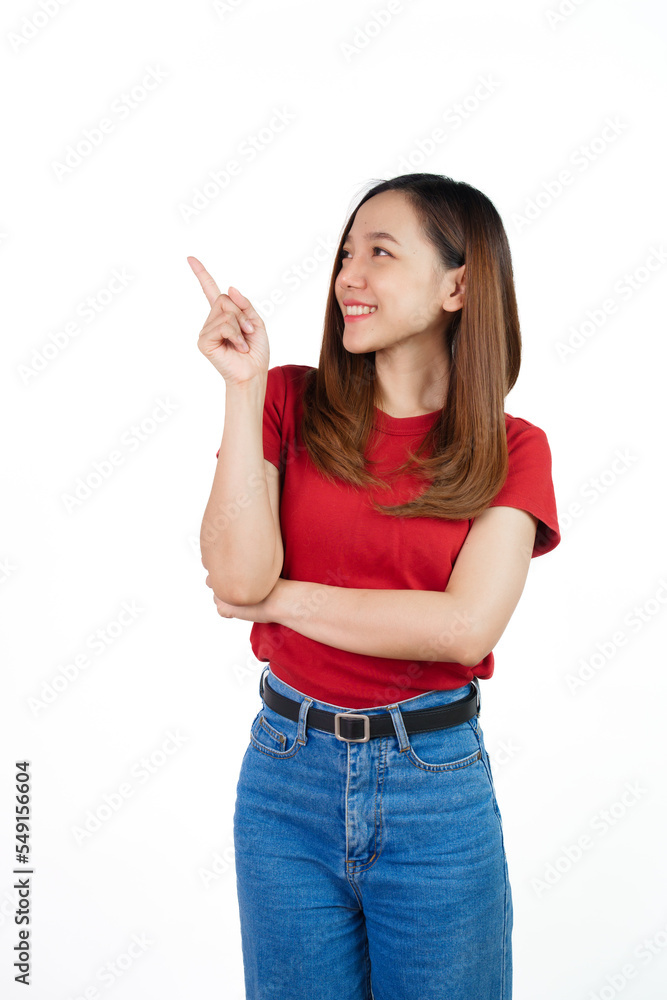 Hand pointing, Pretty Asian people wearing red t-shirt for a woman isolated on white background. Hand pointing, Pretty Asian people wearing red t-shirt for a woman isolated on white background.