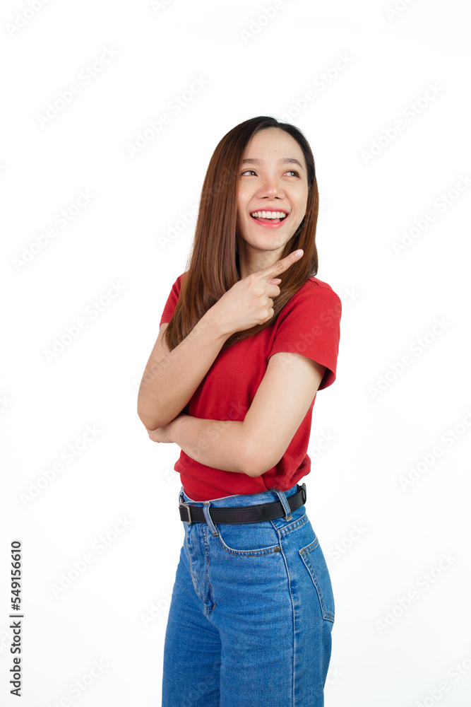 Hand pointing, Pretty Asian people wearing red t-shirt for a woman isolated on white background. Hand pointing, Pretty Asian people wearing red t-shirt for a woman isolated on white background.