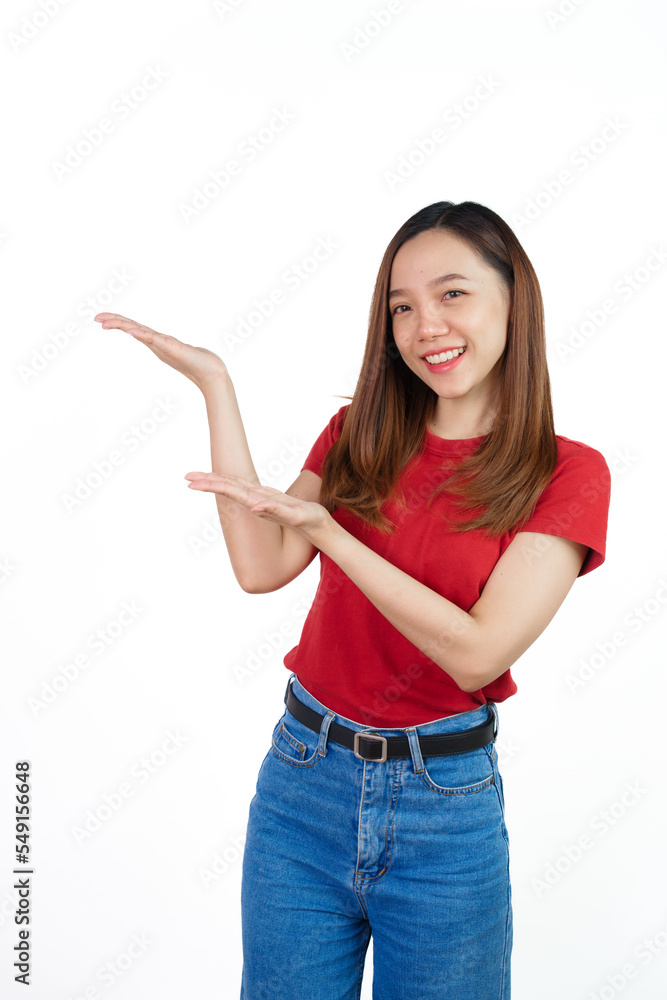 Hand palm up, Pretty Asian people wearing red t-shirt for a woman isolated on white background. Hand palm up, Pretty Asian people wearing red t-shirt for a woman isolated on white background.