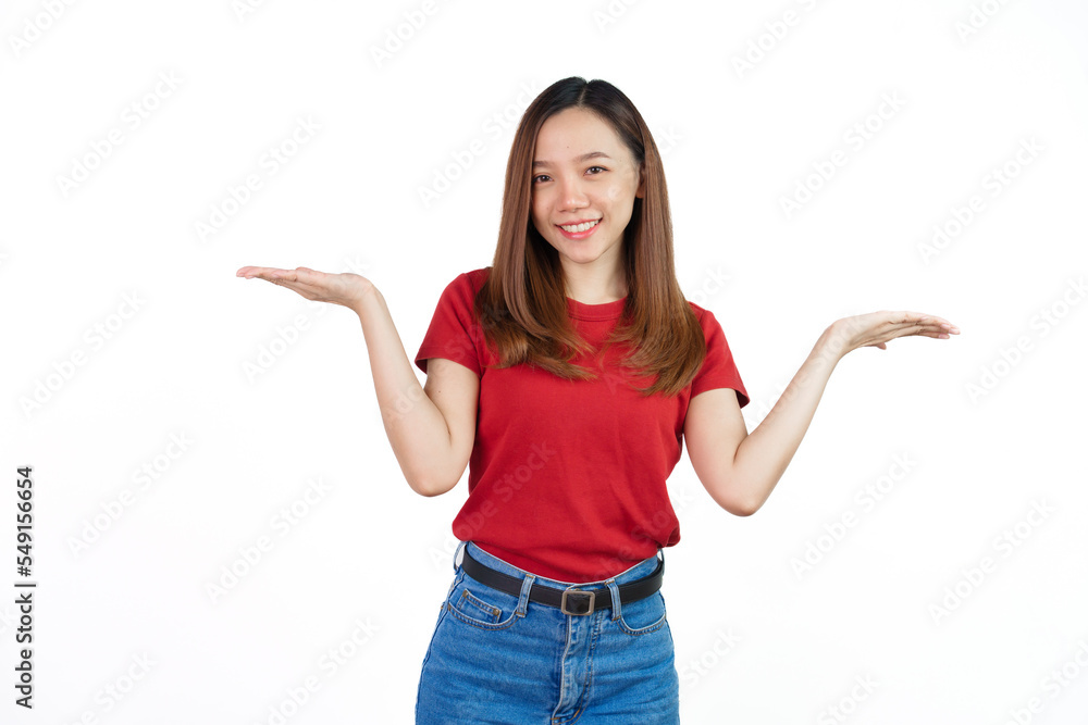 Hand palm up, Pretty Asian people wearing red t-shirt for a woman isolated on white background. Hand palm up, Pretty Asian people wearing red t-shirt for a woman isolated on white background.