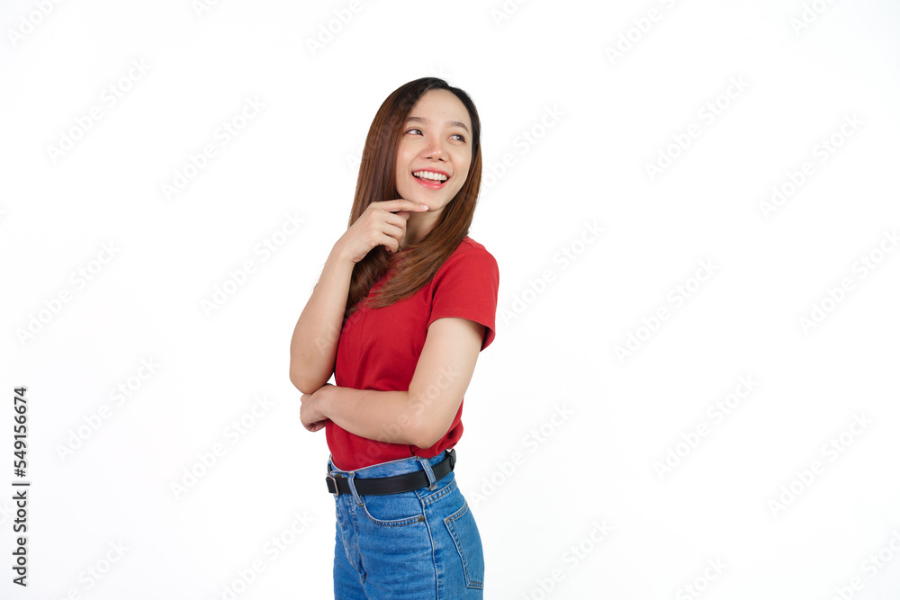 Hand chin, thinking, Pretty Asian people wearing red t-shirt for a woman isolated on white background. Hand chin, thinking, Pretty Asian people wearing red t-shirt for a woman isolated on white background.