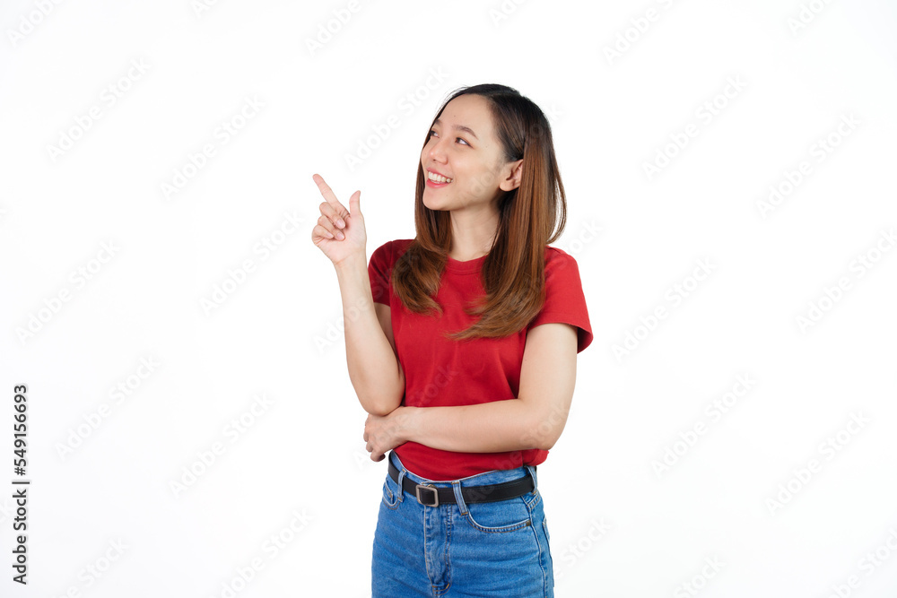 Hand pointing, Pretty Asian people wearing red t-shirt for a woman isolated on white background. Hand pointing, Pretty Asian people wearing red t-shirt for a woman isolated on white background.