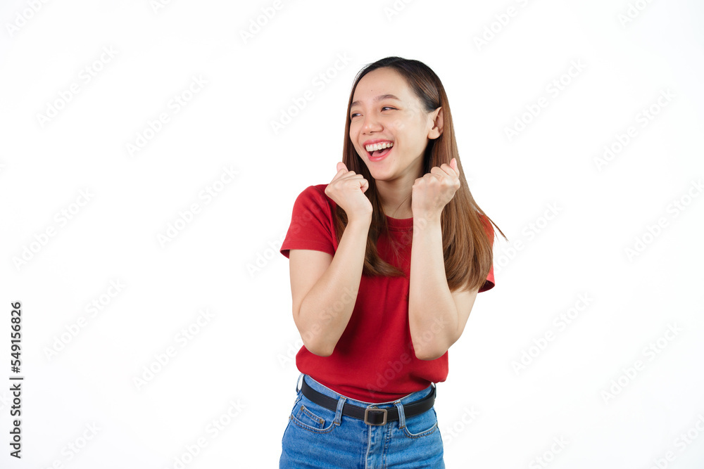 Received a good news, shock, surprise for discount or promotion on black friday , Pretty Asian people wearing red t-shirt for a woman isolated on white background. Received a good news, shock, surprise for discount or promotion on black friday , Pretty Asian people wearing red t-shirt for a woman isolated on white background.