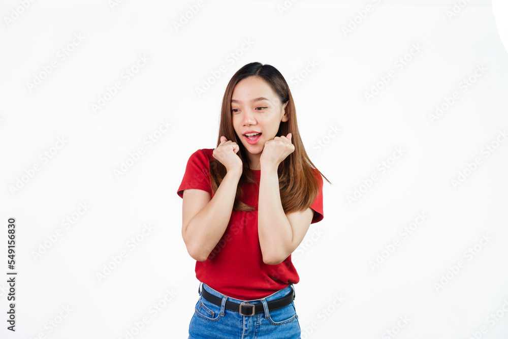 Received a good news, shock, surprise for discount or promotion on black friday , Pretty Asian people wearing red t-shirt for a woman isolated on white background. Received a good news, shock, surprise for discount or promotion on black friday , Pretty Asian people wearing red t-shirt for a woman isolated on white background.