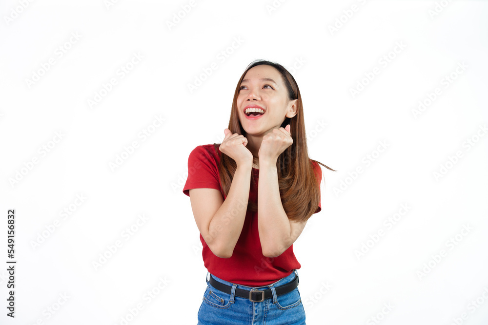 Fototapeta premium Received a good news, shock, surprise for discount or promotion on black friday , Pretty Asian people wearing red t-shirt for a woman isolated on white background.