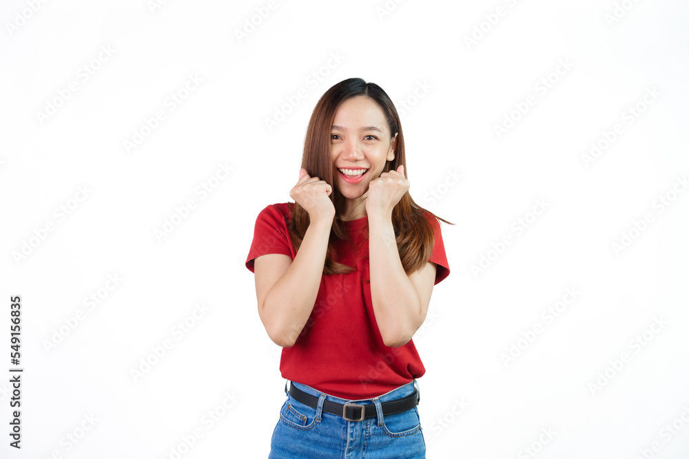 Received a good news, shock, surprise for discount or promotion on black friday , Pretty Asian people wearing red t-shirt for a woman isolated on white background. Received a good news, shock, surprise for discount or promotion on black friday , Pretty Asian people wearing red t-shirt for a woman isolated on white background.