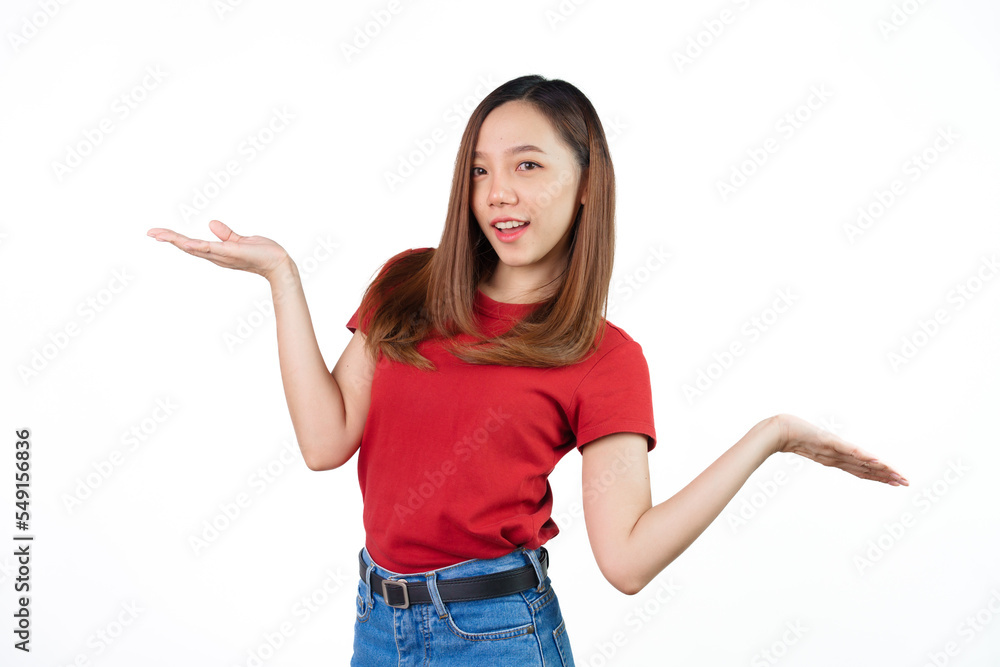 Received a good news, shock, surprise for discount or promotion on black friday , Pretty Asian people wearing red t-shirt for a woman isolated on white background. Received a good news, shock, surprise for discount or promotion on black friday , Pretty Asian people wearing red t-shirt for a woman isolated on white background.