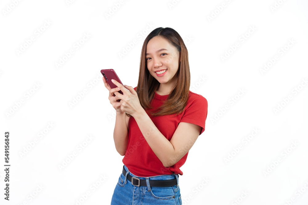 Naklejka premium Received a good news, shock, surprise for discount or promotion on black friday , Pretty Asian people wearing red t-shirt for a woman isolated on white background.